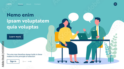 Candidate and HR manager having job interview. Business man and woman meeting at table, talking with speech bubbles. Vector illustration for conversation, career, human resource concept