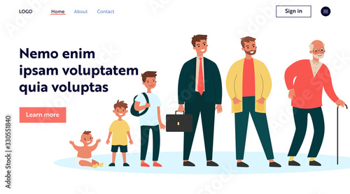 Male cartoon characters of different generation. Man in ages of baby, kid, teenage boy, adult, senior person with cane. Vector illustration for life cycle, growing, development concept
