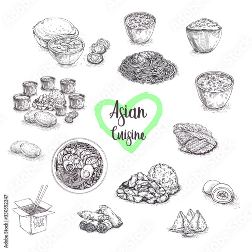 Chinese food, vector sketch illustration. Set of isolated hand drawn china and asian meal. Restaurant or cafe menu design elements.Idia,Thailand,Korea,Japan food.