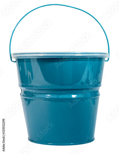 Blue green pail with plastic lid. Citronella lemongrass candle. Isolated. photo