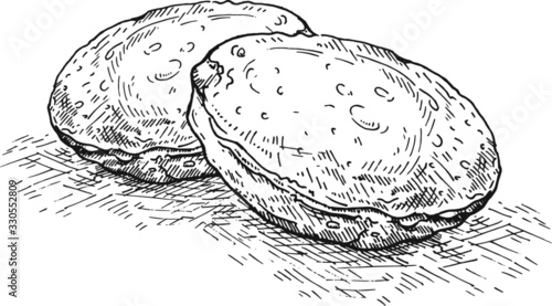 Illustration Indian gujarati food puri or poori. Homemade Indian Potato Poori or Puri . Khasta kachori,bedmi poori,stuffed daal poori, Bedvi poori. Fried Puri with transparent plate.Skecth.