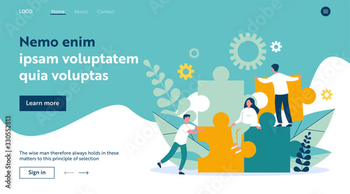 Business team constructing jigsaw solution. People connecting big pieces of puzzle. Vector illustration for community, merger, discovery, teamwork concept