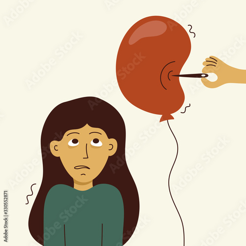 Overwhelmed girl or burnout syndrome concept. Young woman heated to the limit. Mom's problems with troubled children. Vector illustration of losing patience. Human hand pierces balloon with needle. 