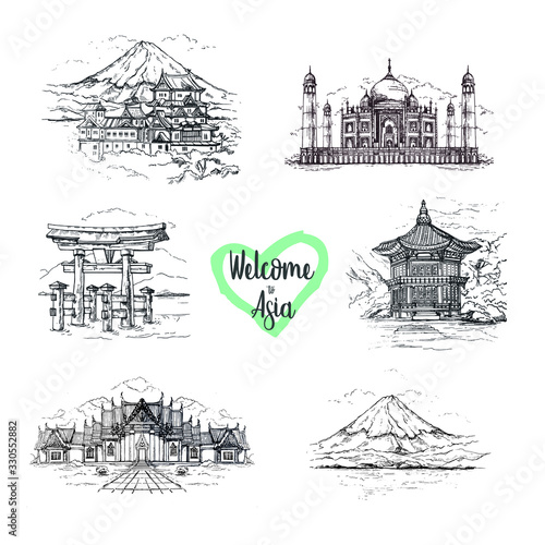 Hand drawn architecture sketch set of landmarks of Asia.Taj Mahal.India.Seoul,South Korea.Gyeongbokgung Palace.Hyangwonjeong.Himeji Castle.Japan.Marble Temple of Bangkok, Thailand.The Great Wall.