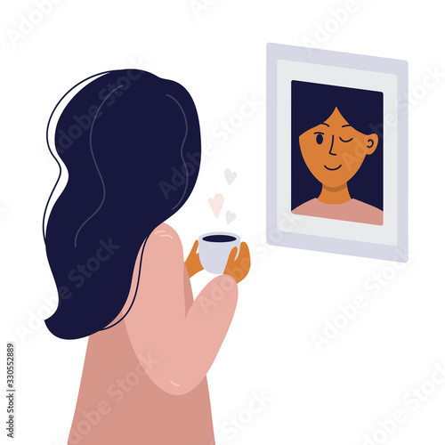 Girl looks in mirror and winks to herself. Young woman in pajamas with cup of coffee in hands smiling at her reflection. Magical morning, love yourself or slow life concept. Vector illustration poster