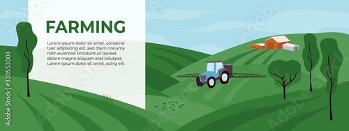 Agricultural fields with irrigation tractor. Spraying or watering in agriculture. Vector illustrations with farming landscape and tractor pours fertilizer. Template for banner, flyer, layout, advert.