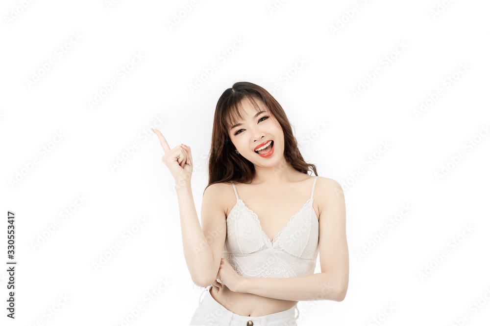 Portrait of attractive asian young woman with beauty skin and face present something on her hand isolated on white background. Healthy skin and face care concept. Portrait of attractive asian young woman with beauty skin and face present something on her hand isolated on white background. Healthy skin and face care concept.