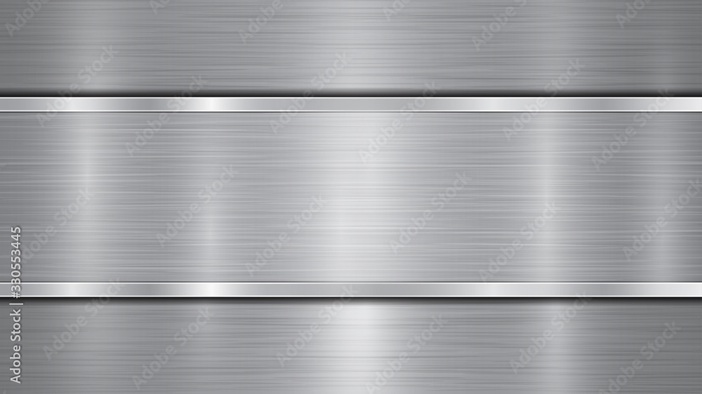 Background in silver and gray colors, consisting of a shiny metallic surface and one horizontal polished plate located centrally, with a metal texture, glares and burnished edges Background in silver and gray colors, consisting of a shiny metallic surface and one horizontal polished plate located centrally, with a metal texture, glares and burnished edges
