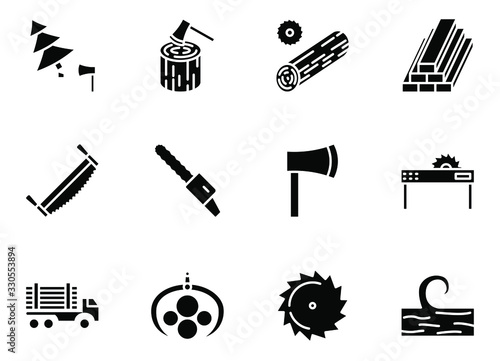 Logging line icon set isolated over white, forestry equipment, logging truck, timber, wood, lumber, tools. Vector illustration