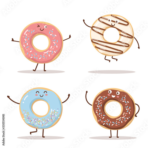 Set of cute happy donuts in trendy Kawaii style. Sweet pastry colourful glaze. Collection of cartoon baked foods in asian style. Banner, card, poster design for bakery and cafe.