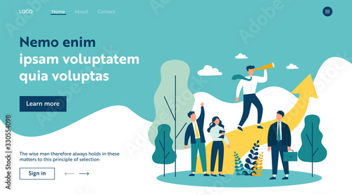 Group leader with spyglass looking far away. Business team standing near increase chart. Vector illustration for leadership, challenge, training, planning concept