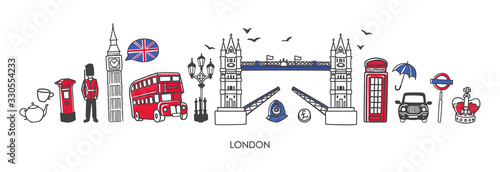 Modern vector illustration London, the United Kingdom. Famous British attractions and places of interest in trendy line style. Horizontal skyline banner for souvenir print design or city promotion.
