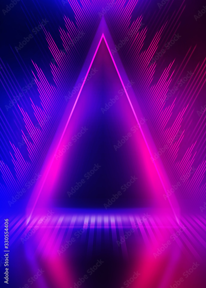 Background empty show scene. Ultraviolet dark abstract background. Geometric neon shapes, neon glow, blue and pink lighting Background empty show scene. Ultraviolet dark abstract background. Geometric neon shapes, neon glow, blue and pink lighting