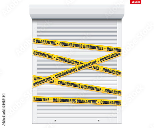 The store is closed due to an epidemic. Shop Door with warning yellow tapes. Concept of pandemic. Vector Illustration isolated on white background.