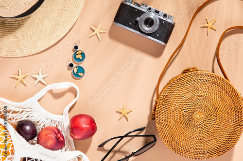 Flatlay set on yellow backdrop. Summer background. Flat lay, top view summert...