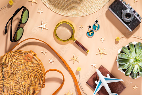 Flatlay set on yellow backdrop. Summer background. Flat lay, top view summert...