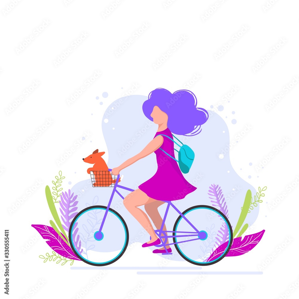 Vector illustration of a girl with a dog riding a bike in a city Park. Vector illustration of a girl with a dog riding a bike in a city Park.
