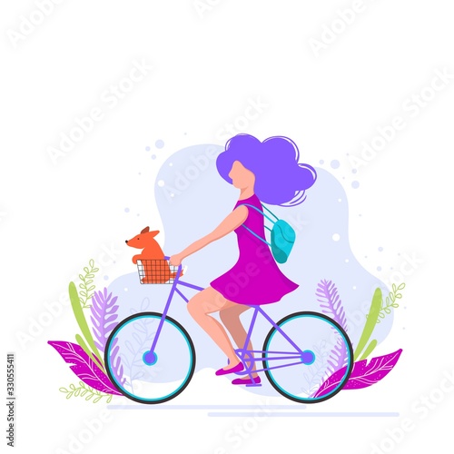 Vector illustration of a girl with a dog riding a bike in a city Park.