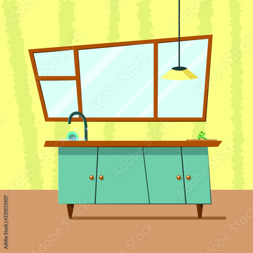 Flat cartoon kitchen retro interior in soft blue and yellow colors. Cute asymmetrical shapes. Cabinets, sink with plate in soap bubbles, faucet, lamp, big window. Wallpaper with stripes.