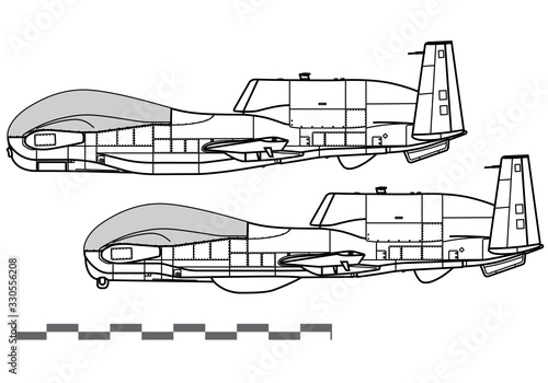 Northrop Grumman RQ-4B Global Hawk, MQ-4C Triton. Vector drawing of strategic reconnaissance drone. Side view. Image for illustration and infographics.