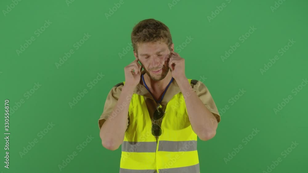 Adult Man Police Officer Covering His Ears And Turning His Eyes Like A Child Studio Isolated Shot Against Green Screen Background Adult Man Police Officer Covering His Ears And Turning His Eyes Like A Child Studio Isolated Shot Against Green Screen Background