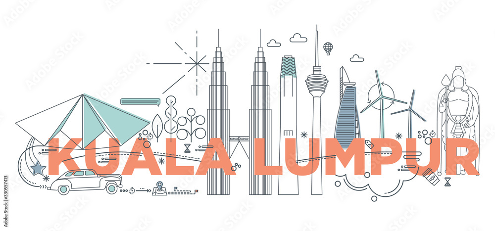 Typography word Kuala Lumpur branding technology concept. Collection of flat vector web icons. Malaysia culture travel set, architectures, specialties detailed silhouette. Doodle Asia famous landmarks