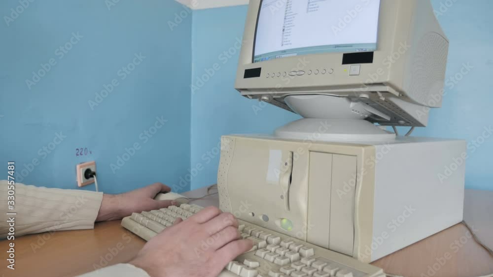 Man Hands Using Retro Computer, Online Working From Home Man Hands Using Retro Computer, Online Working From Home