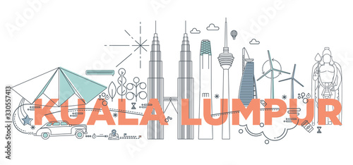Typography word Kuala Lumpur branding technology concept. Collection of flat vector web icons. Malaysia culture travel set, architectures, specialties detailed silhouette. Doodle Asia famous landmarks