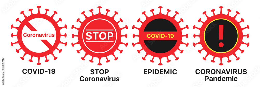 Coronavirus icon set. Global epidemic of COVID-19 infection, warning sign set. Coronavirus pandemic - obrazy, fototapety, plakaty 