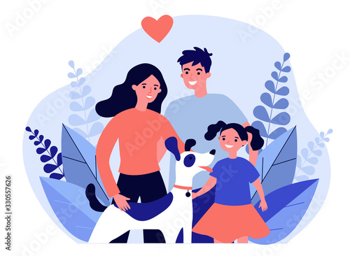 Parents presenting pet to their child flat vector abstract illustration. Happy family adopting dog. Little girl greeting new friend. Charity and animal adoption concept.