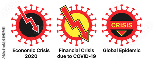 Economic crisis and coronavirus, icon set. Global financial crisis due to COVID-19 virus infection, warning sign set