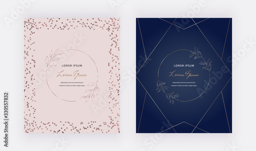 Pink and navy blue cover with rose gold confetti and round line leaves frames. Modern vector design for wedding invitation  greeting  banner  flyer  poster  save the date