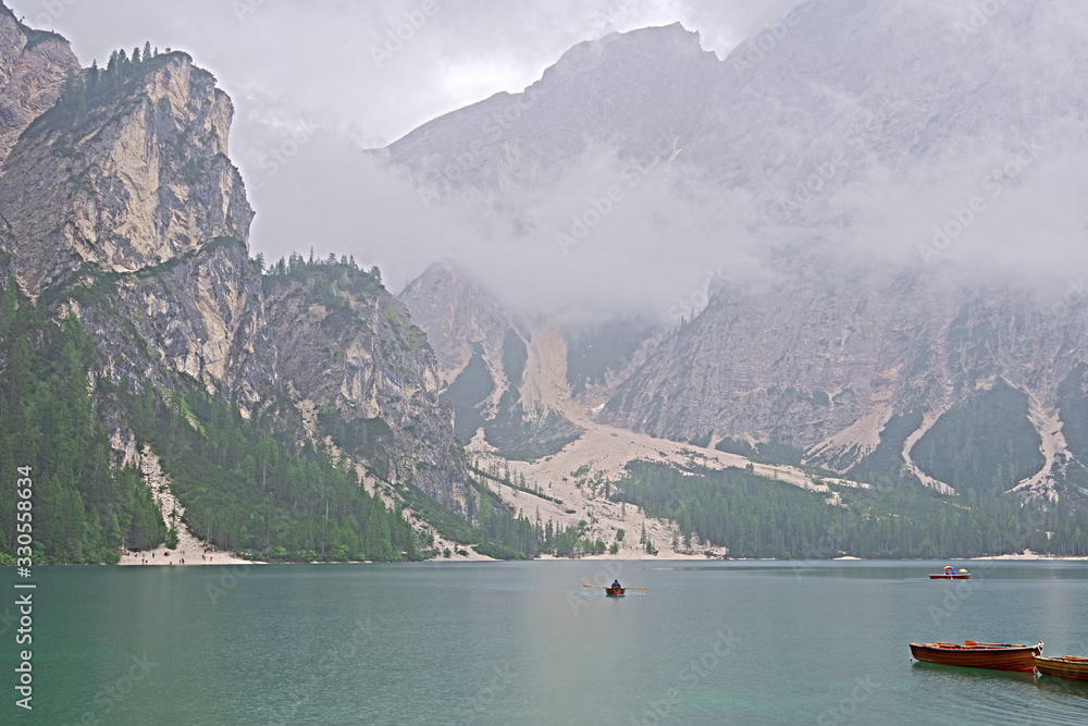 Rainy landscape at Lago di Braies, Dolomites, Italy, Europe