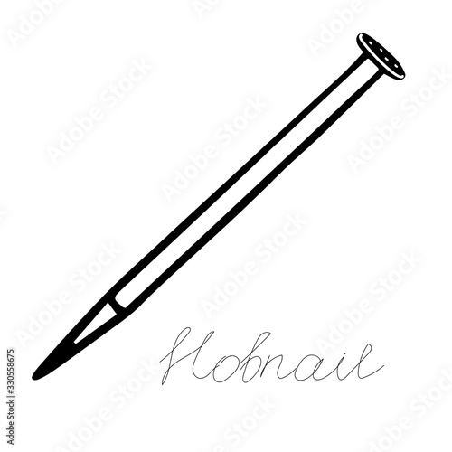 Hand-draw black vector illustration of metallic locksmith tool isolated on a white background with lettering hobnail