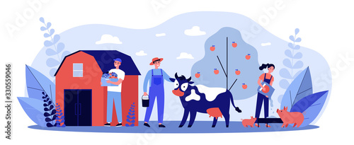 Farm workers caring animals and vegetable garden flat vector illustration. People feeding pigs and cow, growing natural food at countryside. Agriculture and farming concept.