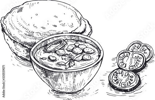 Illustration indian cuisine.Chole Bhature or Chick pea curry and Fried Puri served in terracotta crockery.Sketch.