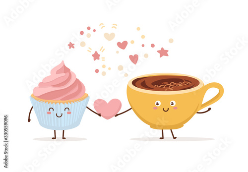 Cute vector illustration of coffee and a cupcake with strawberry cream. Kawaii food characters. Couple of smiling hot beverage and a dessert. Cute card and poster design for a cafe or a bakery.