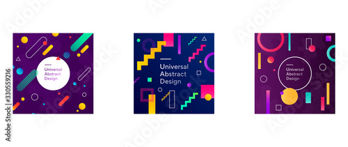 Colored set of abstract background design. Geometric shapes with graphic elements. Rounded and angled design for banners, flyers, presentation slides, and web design. Vector illustration