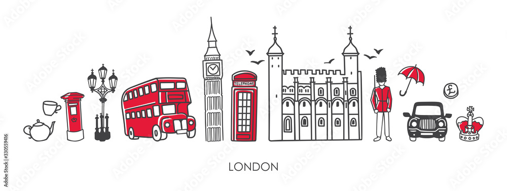 Vector modern illustration symbols of London, the UK. Famous British attractions in simple minimalistic style with black outline and red elements. Horizontal skyline banner or souvenir print design.  - obrazy, fototapety, plakaty 
