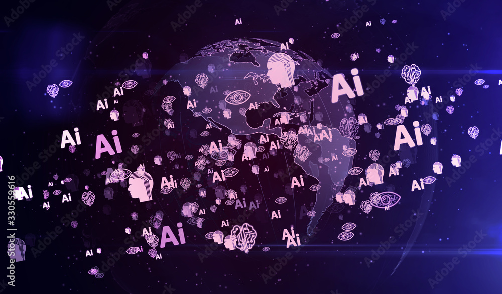 Naklejka premium Artificial intelligence symbols on digital globe background