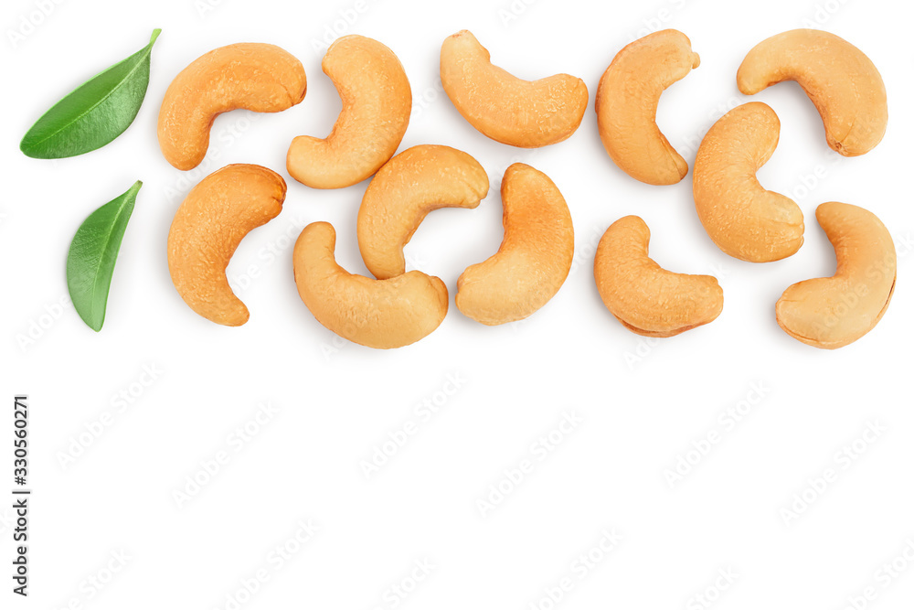 Roasted Cashew nuts isolated on white background with clipping path and full depth of field. Top view with copy space for your text. Flat lay Roasted Cashew nuts isolated on white background with clipping path and full depth of field. Top view with copy space for your text. Flat lay