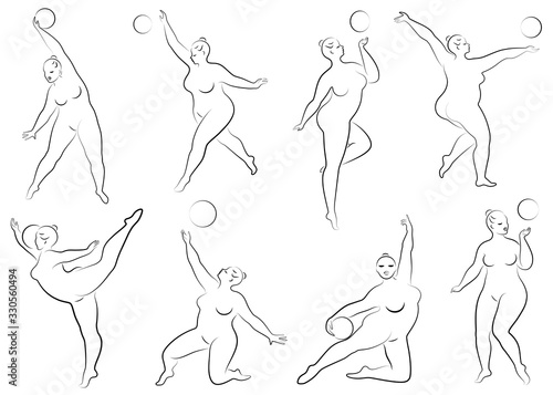 Collection. Gymnastics. Silhouette of a girl with a ball. The woman is overweight, a large body. The girl is full figured. Vector illustration set