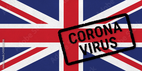 Flag of United Kingdom on paper texture with stamp, banner of Coronavirus name on it. 2019 - 2020 Novel Coronavirus (2019-nCoV) concept, for an outbreak occurs in England.
