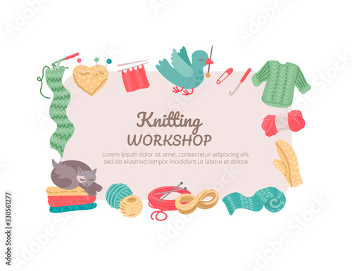 Handmade kit set with text frame. Tools for knitting. Vector illustration