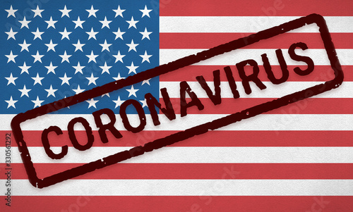 Flag of United States of America on paper texture with stamp, banner of Coronavirus name on it. 2019 - 2020 Novel Coronavirus (2019-nCoV) concept, for an outbreak occurs in the America (USA).