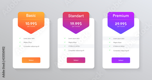 Set of tariffs for website. Pricing table ui web banner. Price list columns vector design.