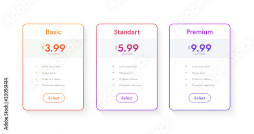 Hosting plans colums. Price list web boxes. 3 tarrifs ui tables for website.