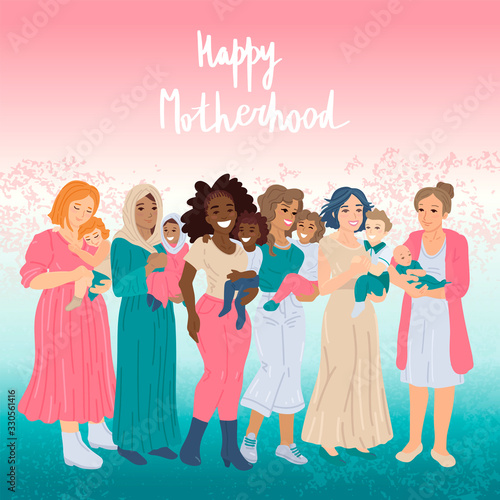 Happy motherhood. Various group of moms with kids. Vector illustration