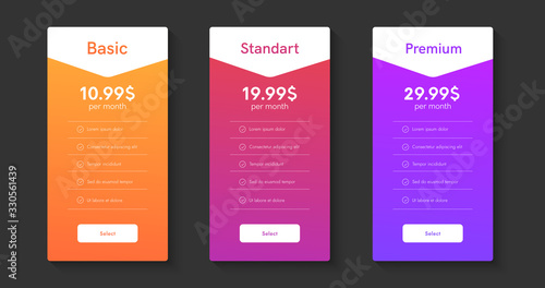 Hosting plans colums. Price list web boxes. 3 tarrifs ui tables for website.
