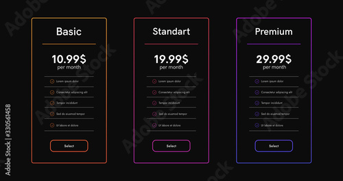 Hosting plans colums. Price list web boxes. 3 tarrifs ui tables for website.